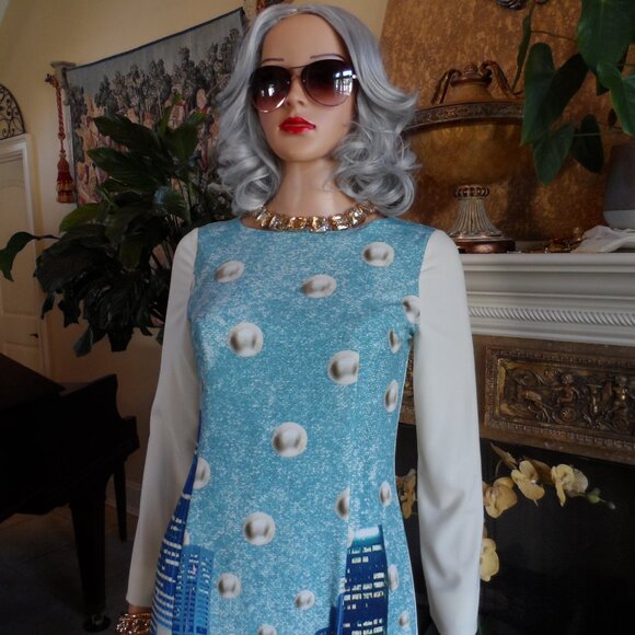 Moschino CheapandChic Ivory/Light Blue City Skyline Print A Line Dress Size 6 - Picture 8 of 16